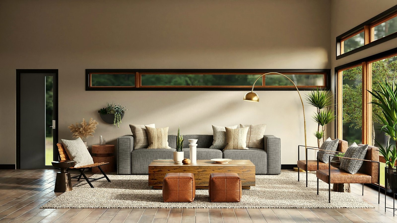Spacious warm living room with oak flooring, leather chairs, linen sofa and green views
